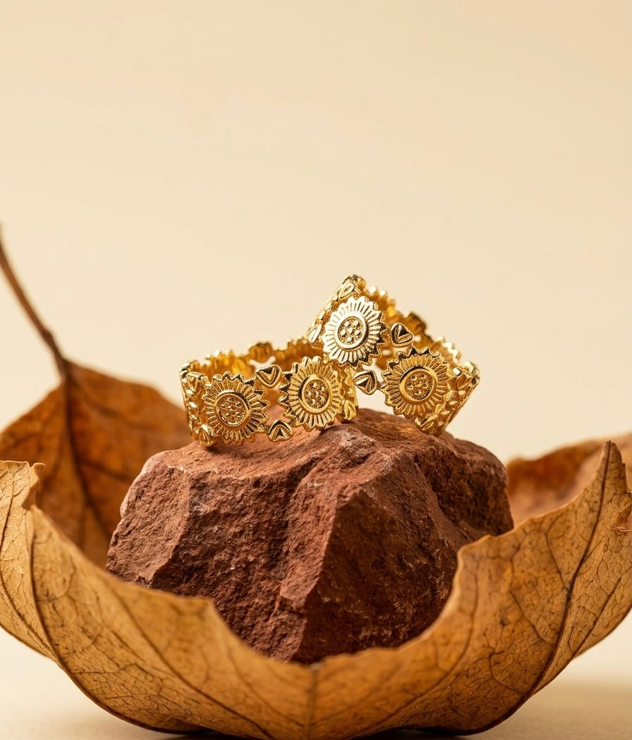 18K Gold Plated Sunflower & Heart Eternity Ring ACERO JEWELS