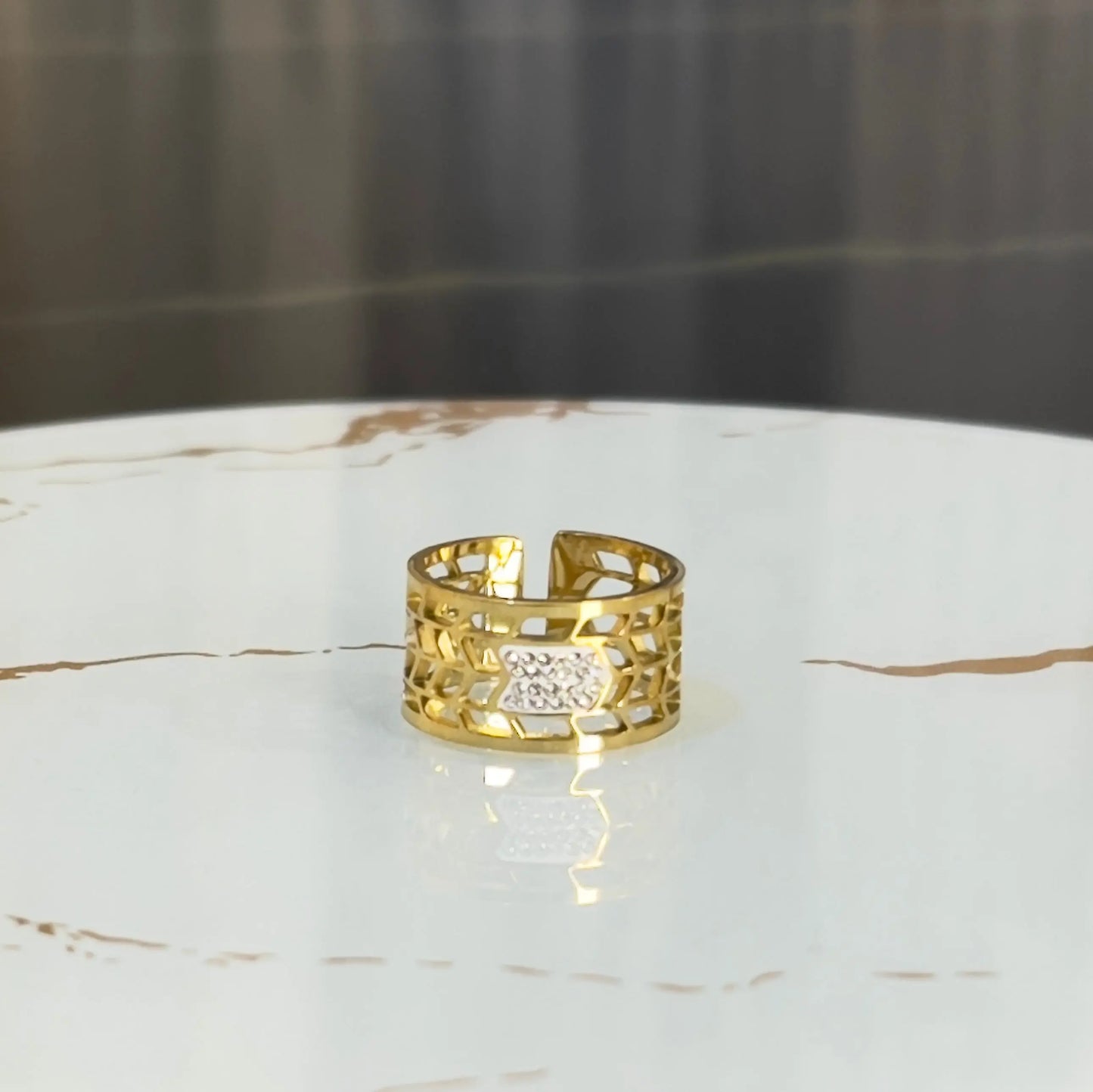 18K Gold Plated Arrow Statement Ring - Wide Honeycomb Cutout Band - Sparkling Crystal Arrow Ring - Adjustable Gold Fashion Jewelry - ACERO JEWELS