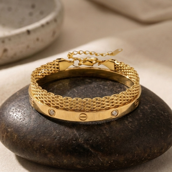 18K Gold Plated Luxury Screw & Mesh Bracelet Stack