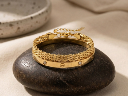 18K Gold Plated Luxury Screw & Mesh Bracelet Stack