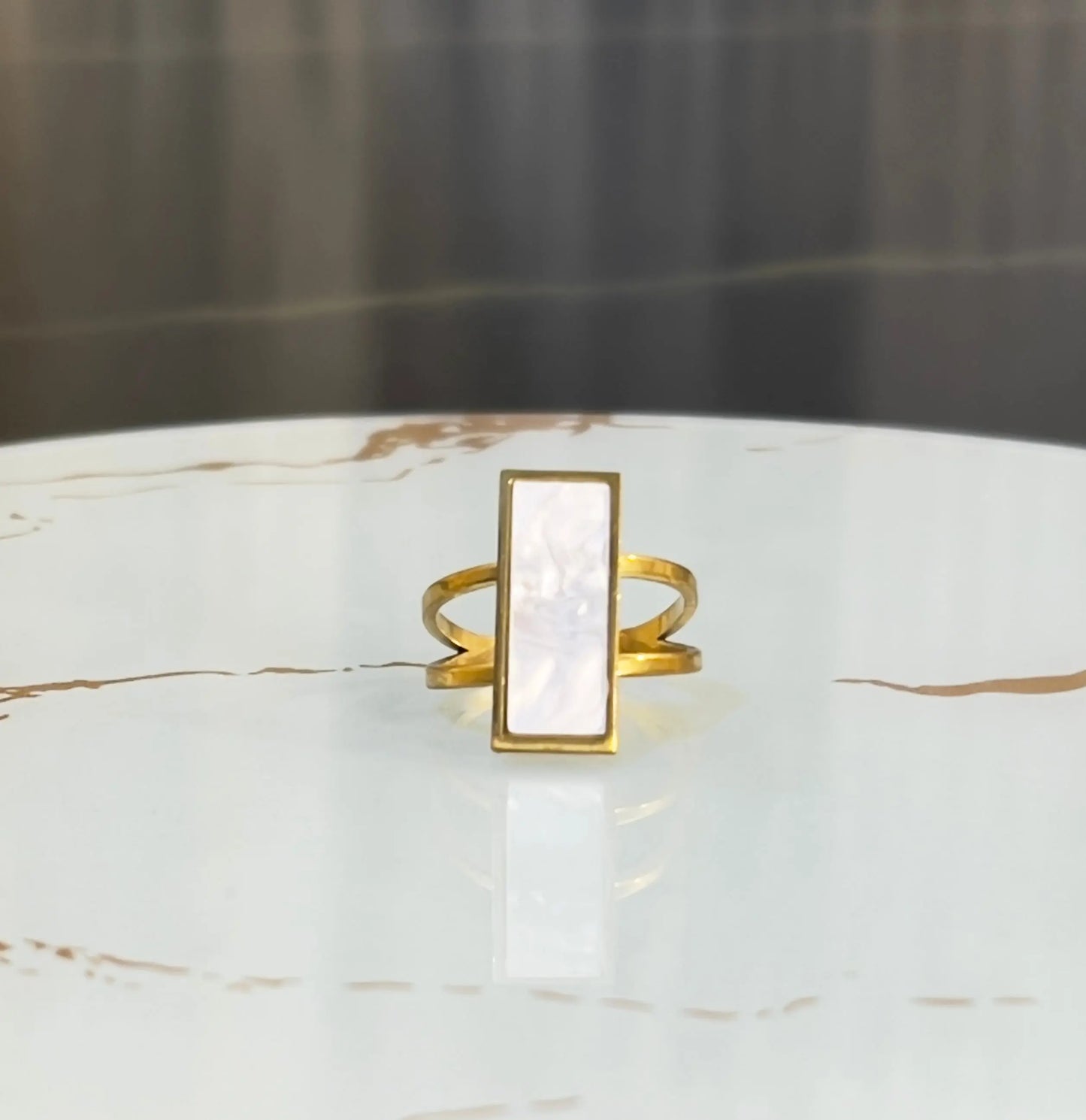 Modern 18K Gold Plated Rectangle Marble Stone Ring | Geometric Mother of Pearl Style Statement Ring | Waterproof Stainless Steel Open Band Jewelry - ACERO JEWELS