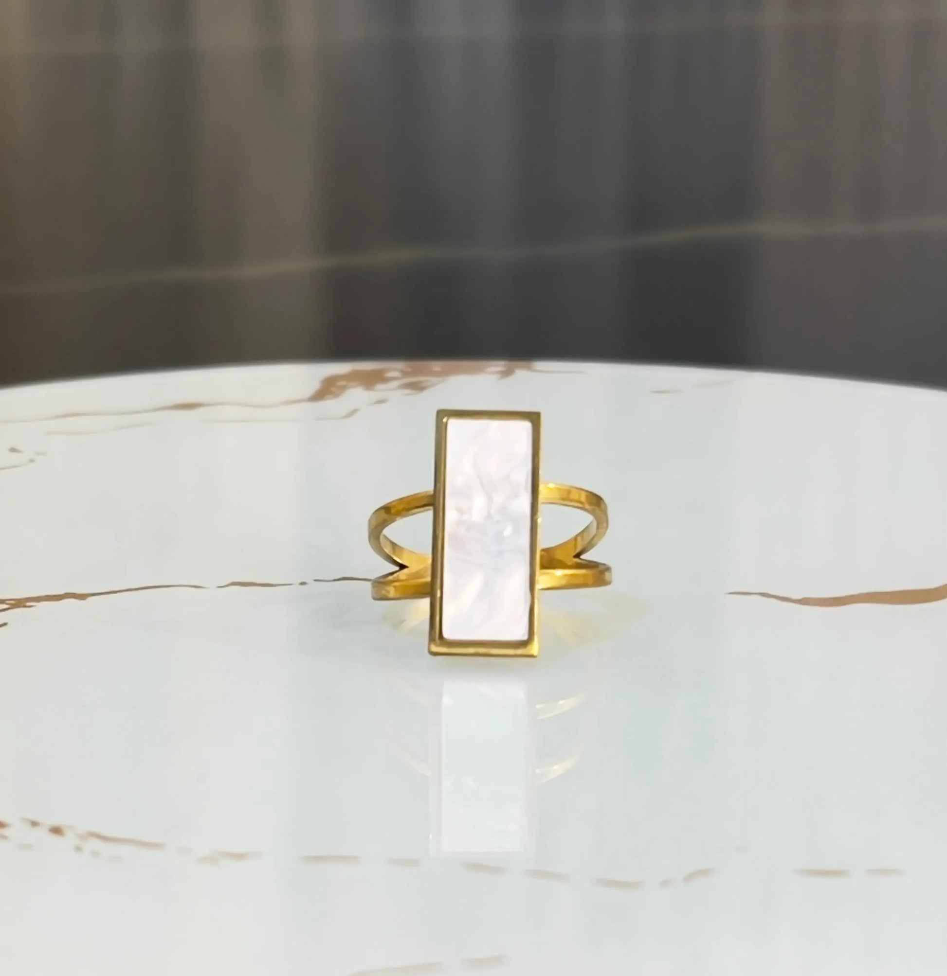 Modern 18K Gold Plated Rectangle Marble Stone Ring | Geometric Mother of Pearl Style Statement Ring | Waterproof Stainless Steel Open Band Jewelry - ACERO JEWELS