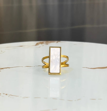 Modern 18K Gold Plated Rectangle Marble Stone Ring | Geometric Mother of Pearl Style Statement Ring | Waterproof Stainless Steel Open Band Jewelry - ACERO JEWELS