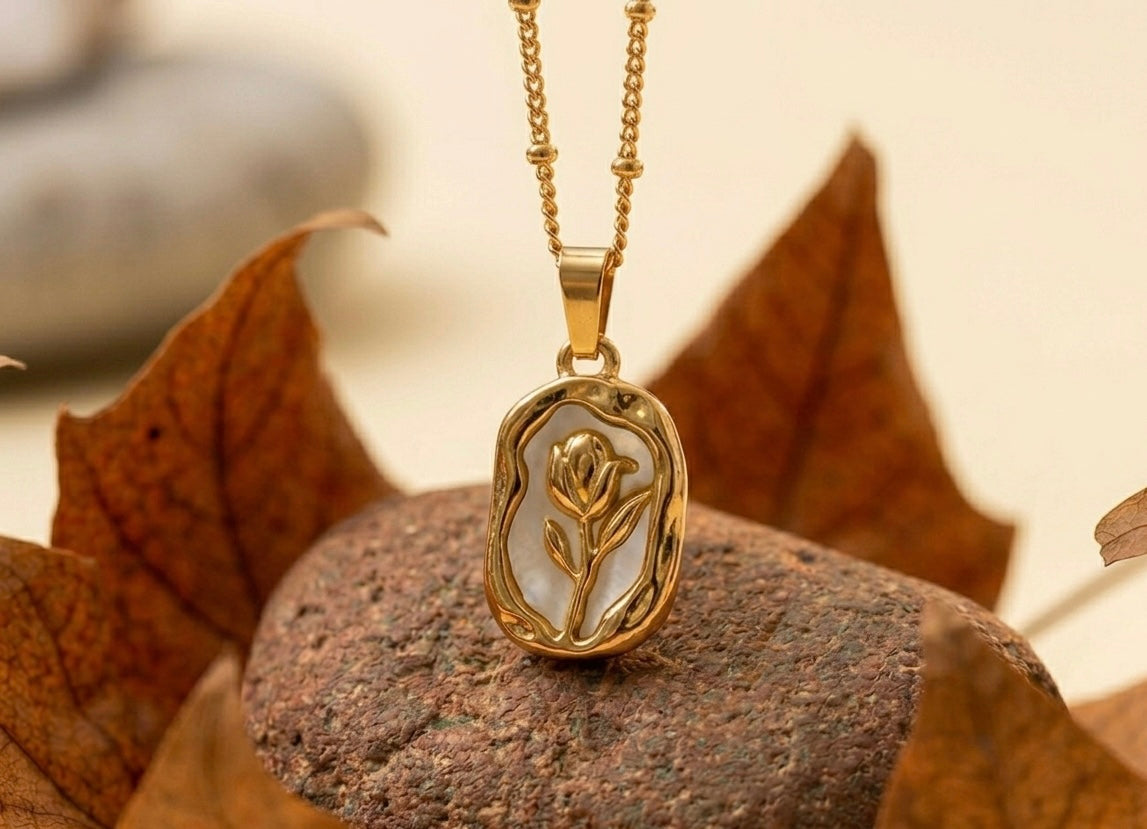 18K Gold Plated White Rose Medallion Necklace | Vintage Floral Pendant on Satellite Chain
