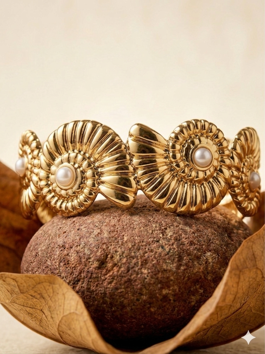 18K Gold Plated Ammonite Shell Cuff Bracelet – Marine Pearl Statement Bangle