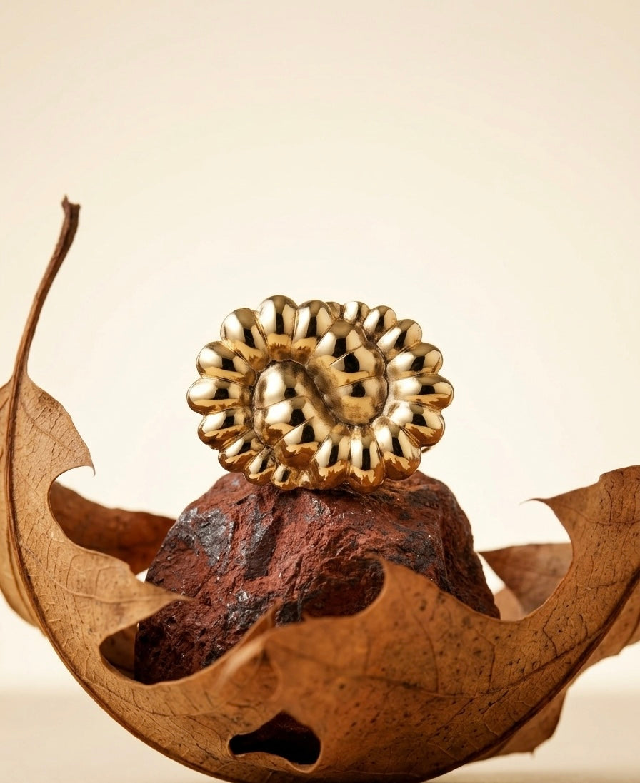 18k Gold Plated Ribbed Floral Statement Ring