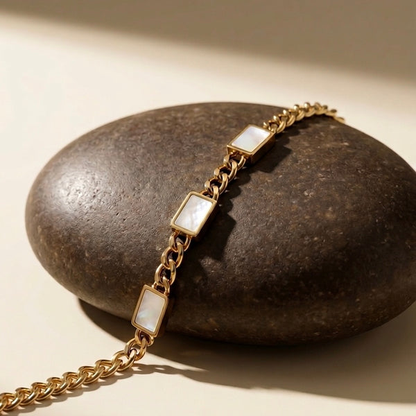 18k Gold Plated Gold Cuban Link Bracelet with White Charms
