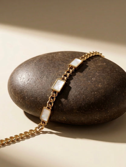 18k Gold Plated Gold Cuban Link Bracelet with White Charms