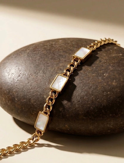 18k Gold Plated Gold Cuban Link Bracelet with White Charms