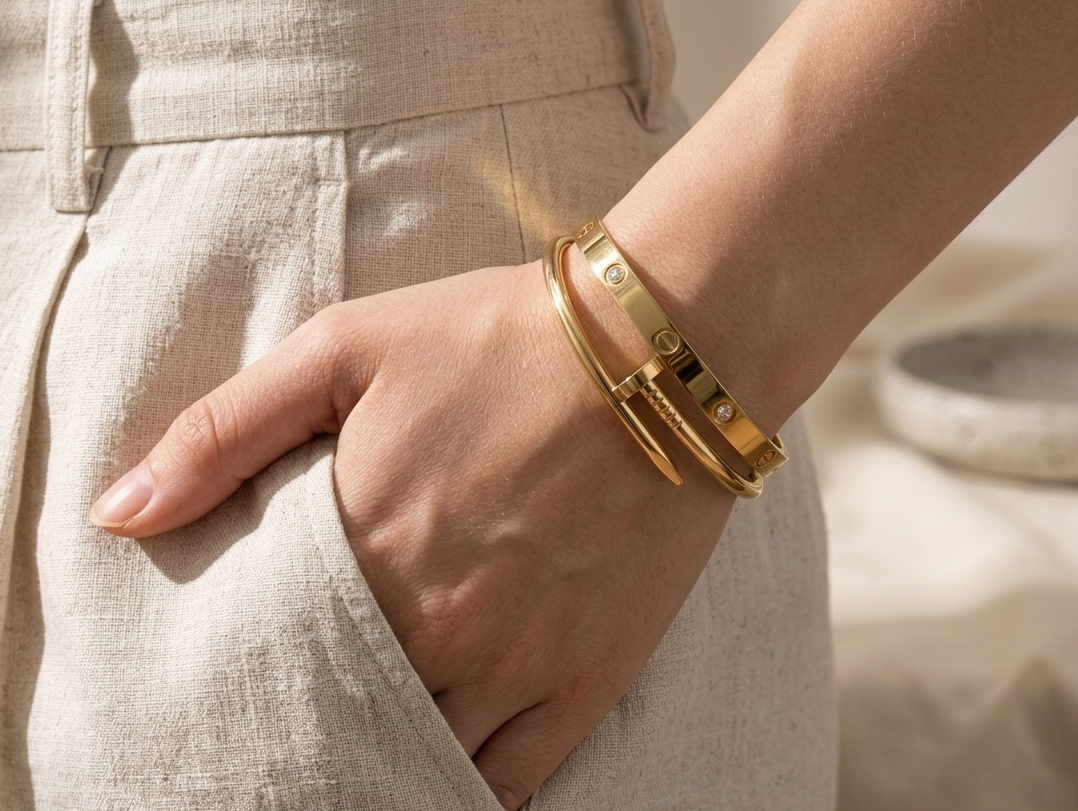 18K Gold Plated Stone-Studded Bangle & Crystal Nail Bracelet Set