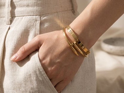 18K Gold Plated Stone-Studded Bangle & Crystal Nail Bracelet Set