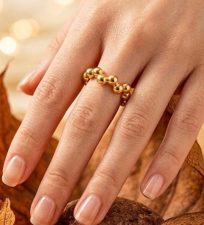18K Gold Plated Beaded Bubble Adjustable Ring | Minimalist High-Shine Dotted Band Ring | Contemporary Stackable Gold Ring for Women