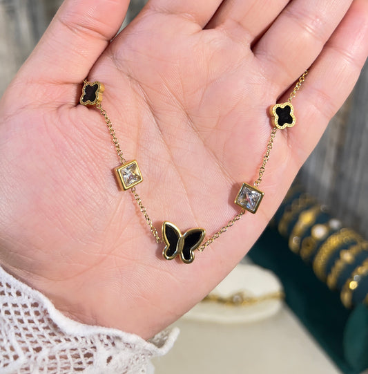 Gold Butterfly Charm Bracelet with Black Clovers | Waterproof & Tarnish-Free