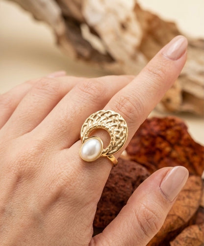18k Gold Plated Woven Crescent Pearl Ring