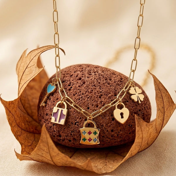 18k Gold Plated Vintage Lock & Key Charm Necklace