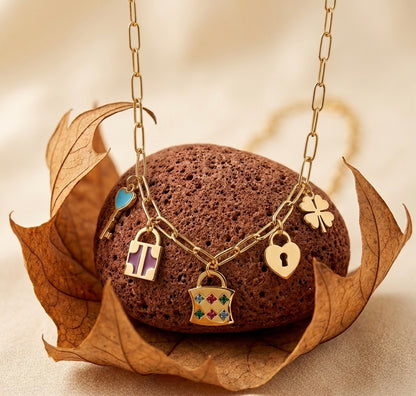 18k Gold Plated Vintage Lock & Key Charm Necklace