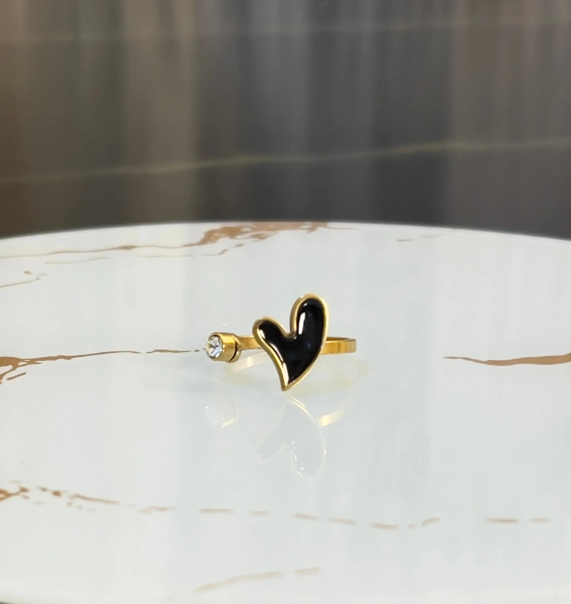 18K Gold Plated Black Enamel Heart Ring - ACERO JEWELS