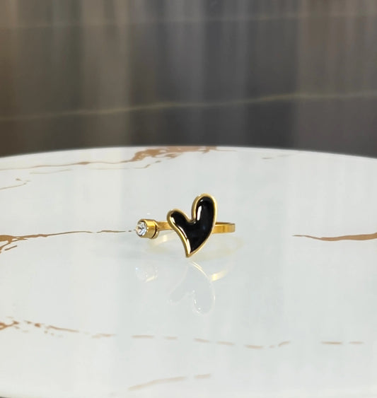 18K Gold Plated Black Enamel Heart Ring - ACERO JEWELS