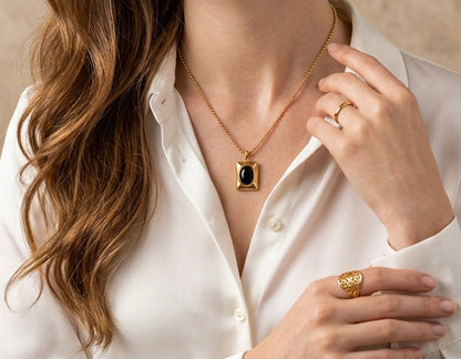 18K Gold Plated Black Oval Medallion Necklace