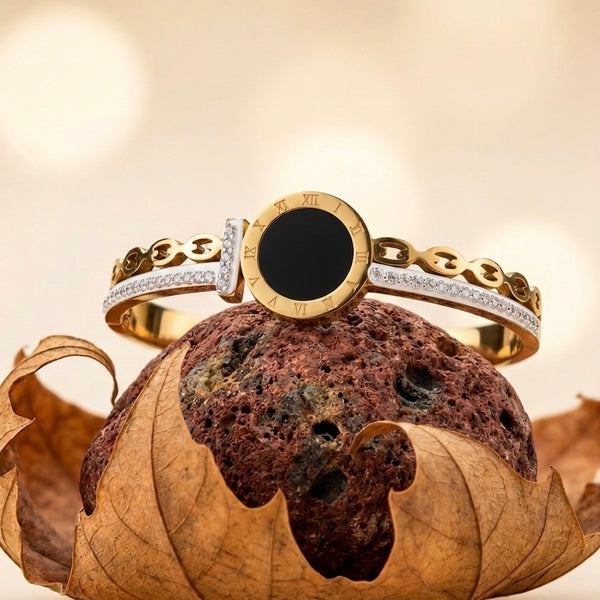 Luxury 18K Gold Plated Roman Numeral Bangle with Onyx Centerpiece