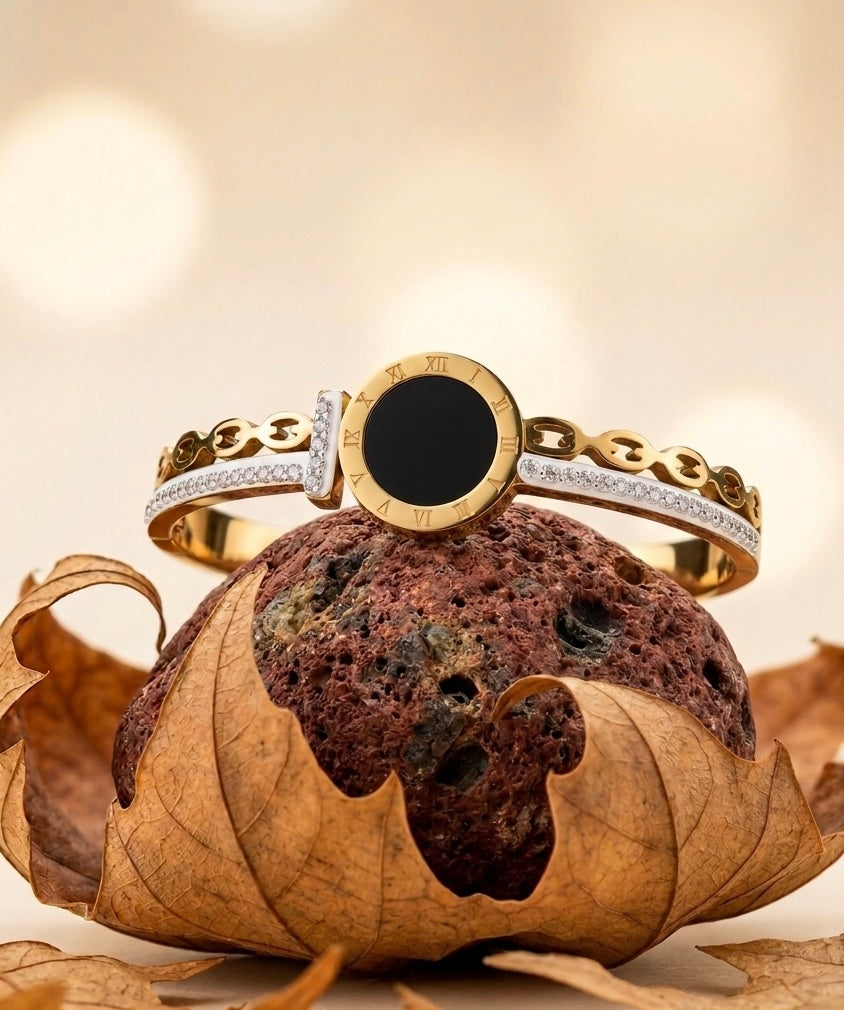Luxury 18K Gold Plated Roman Numeral Bangle with Onyx Centerpiece