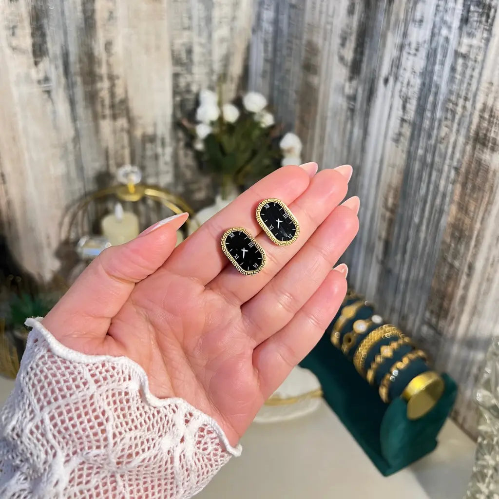 18K Gold Plated Roman Numeral Clock Earrings | Vintage Oval Studs with Black Enamel Face - ACERO JEWELS