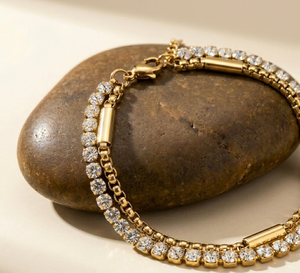 Dazzling Crystal Tennis & Gold Box Chain Bracelet Set – Anti-Tarnish & Waterproof