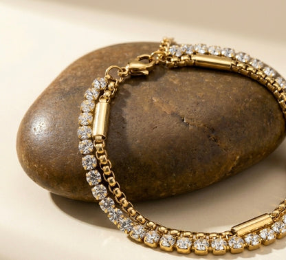 Dazzling Crystal Tennis & Gold Box Chain Bracelet Set – Anti-Tarnish & Waterproof