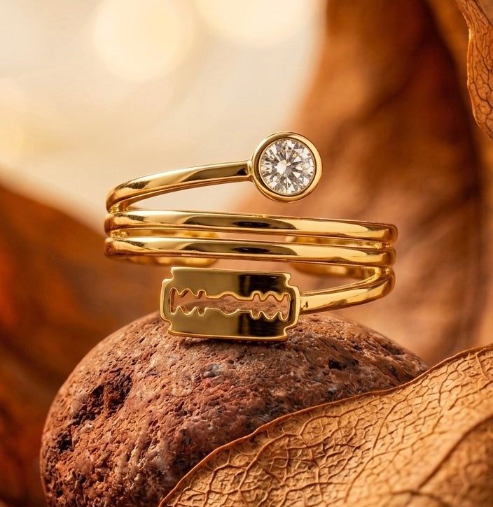 Gold Razor Blade Bypass Ring - Edgy Crystal Statement Ring - Unique Razor & Solitaire Wrap Ring - Adjustable Punk Rock Jewelry
