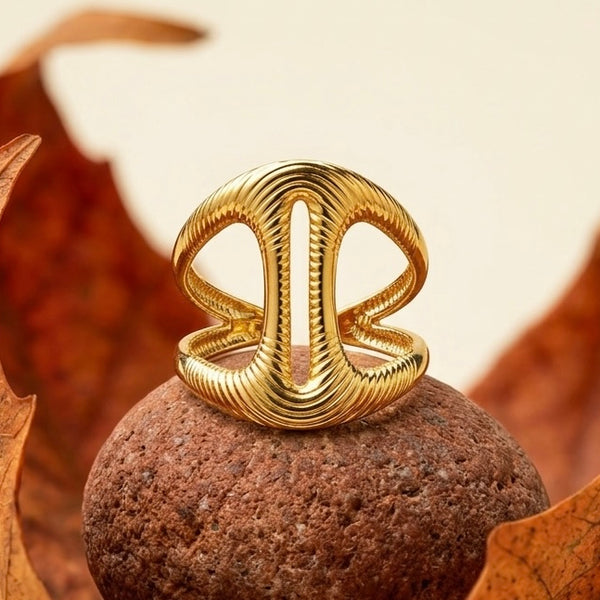 18K Gold Plated Anchor Link Ring - Bold Nautical Statement Band - Textured Marine Inspired Jewelry - Adjustable Chunky Gold Ring