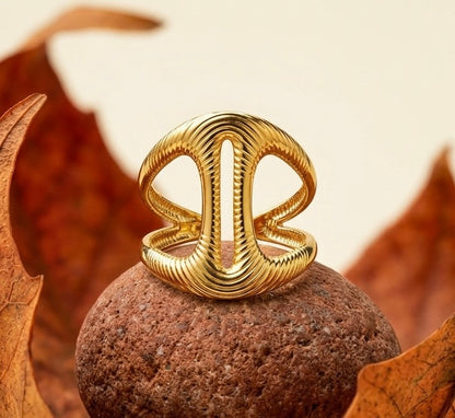 18K Gold Plated Anchor Link Ring - Bold Nautical Statement Band - Textured Marine Inspired Jewelry - Adjustable Chunky Gold Ring