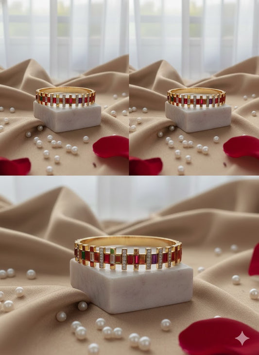 Rainbow Crystal Baguette Bangle – Luxury Gold Stainless Steel Multi-Color Bracelet