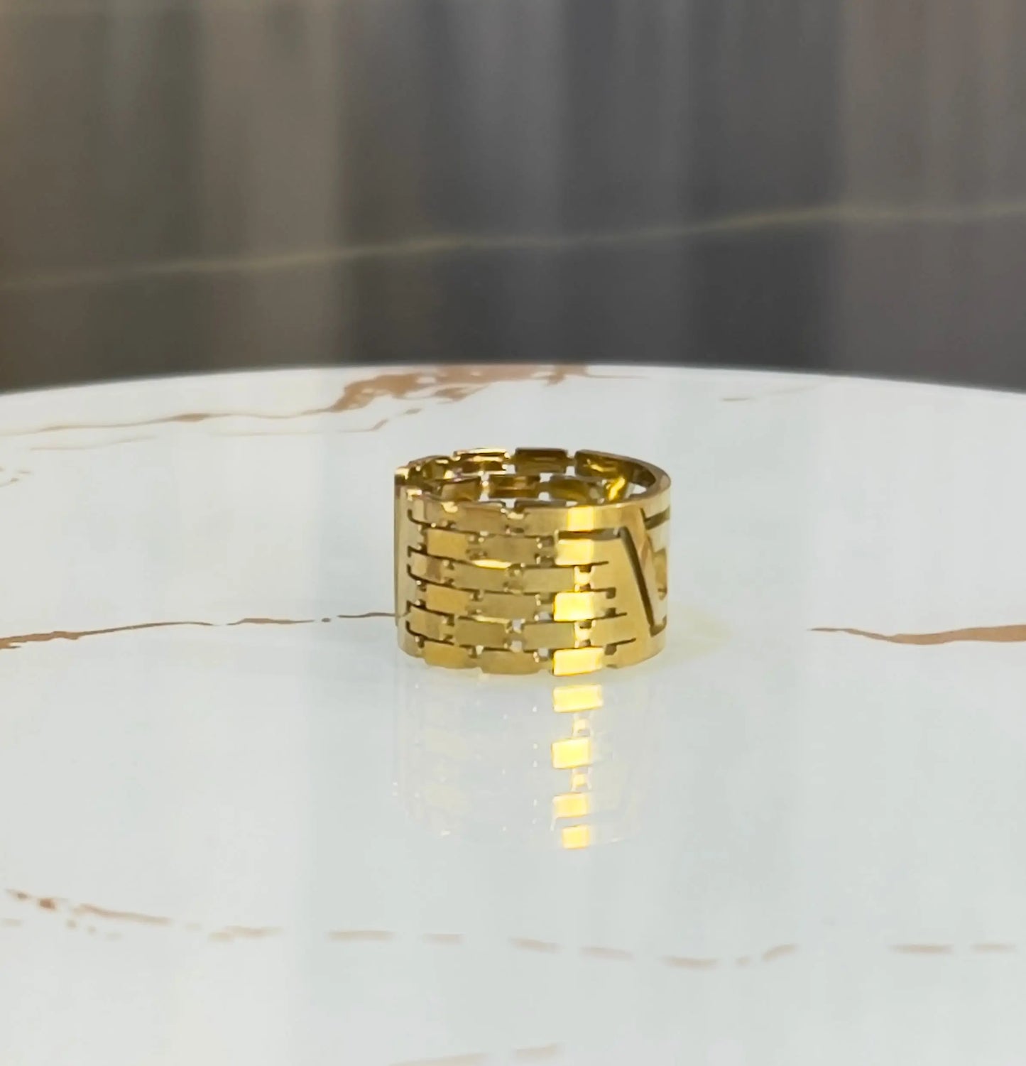 18K Gold Plated Greek Key Adjustable Ring - Bold Geometric Meander Band - Vintage Greek Motif Statement Ring for Women - ACERO JEWELS