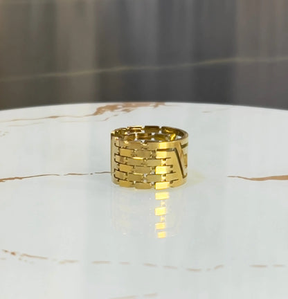 18K Gold Plated Greek Key Adjustable Ring - Bold Geometric Meander Band - Vintage Greek Motif Statement Ring for Women - ACERO JEWELS