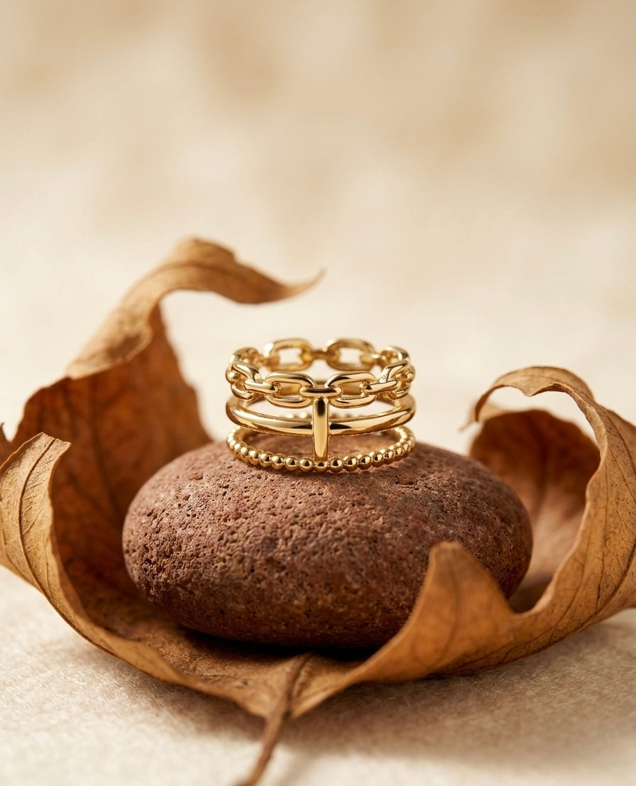 18k Gold-Plated Mixed Link & Beaded Stacking Ring ACERO JEWELS