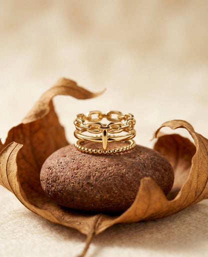 18k Gold-Plated Mixed Link & Beaded Stacking Ring ACERO JEWELS