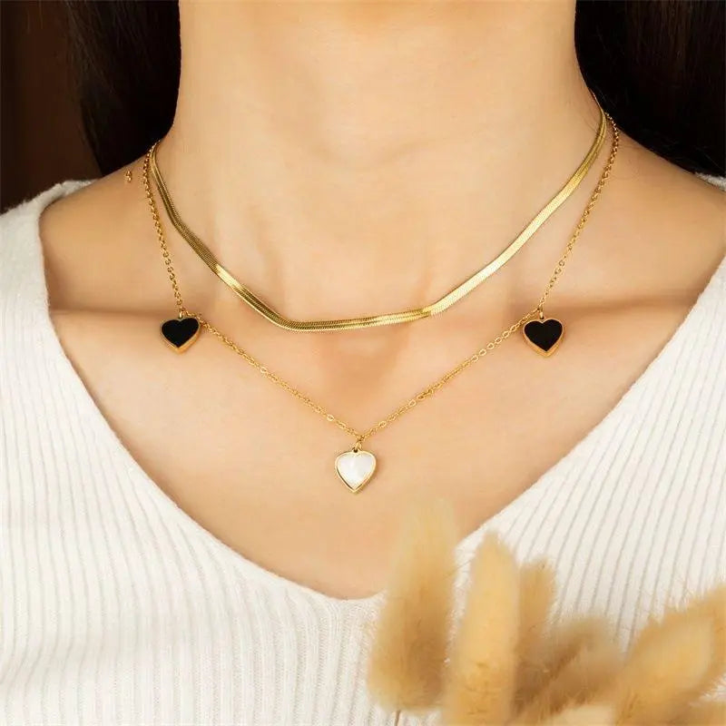 Elegant Double Layer Gold Necklace - Sleek Herringbone & Dainty Heart Charm Set - Modern Aesthetic Jewelry - ACERO JEWELS