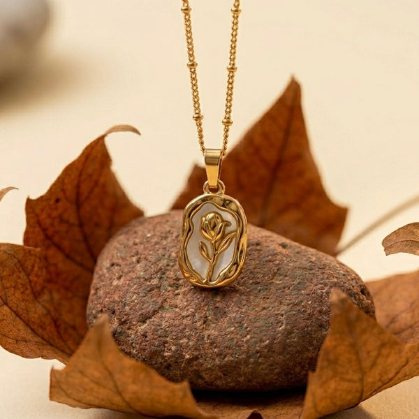 18K Gold Plated White Rose Medallion Necklace | Vintage Floral Pendant on Satellite Chain
