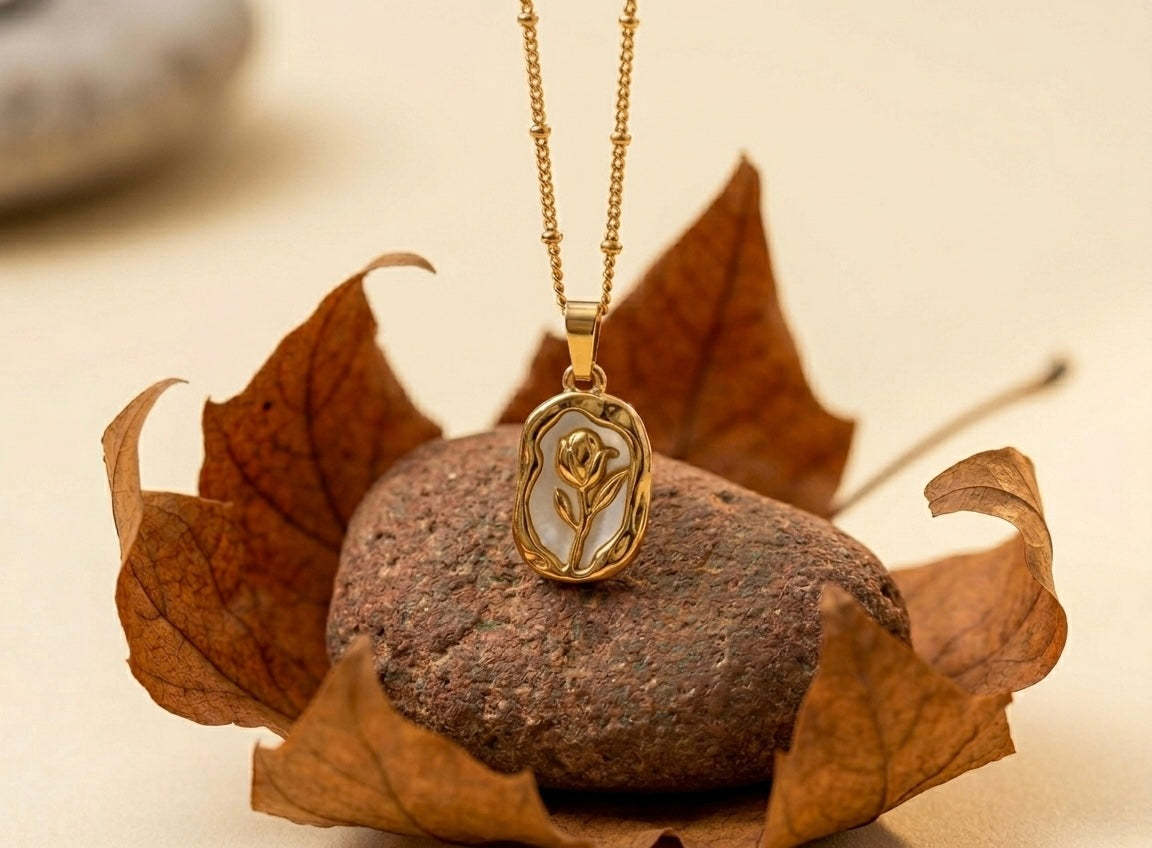 18K Gold Plated White Rose Medallion Necklace | Vintage Floral Pendant on Satellite Chain