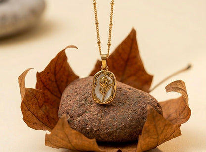 18K Gold Plated White Rose Medallion Necklace | Vintage Floral Pendant on Satellite Chain