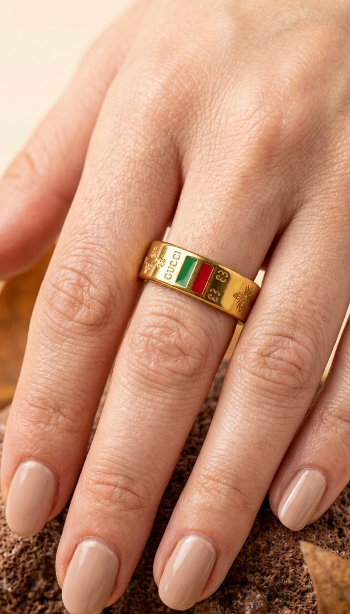 Designer Inspired 18K Gold Plated Band Ring | Luxury Italian Style Enamel Striped Ring | Premium Waterproof Stainless Steel Ring for Men & Women