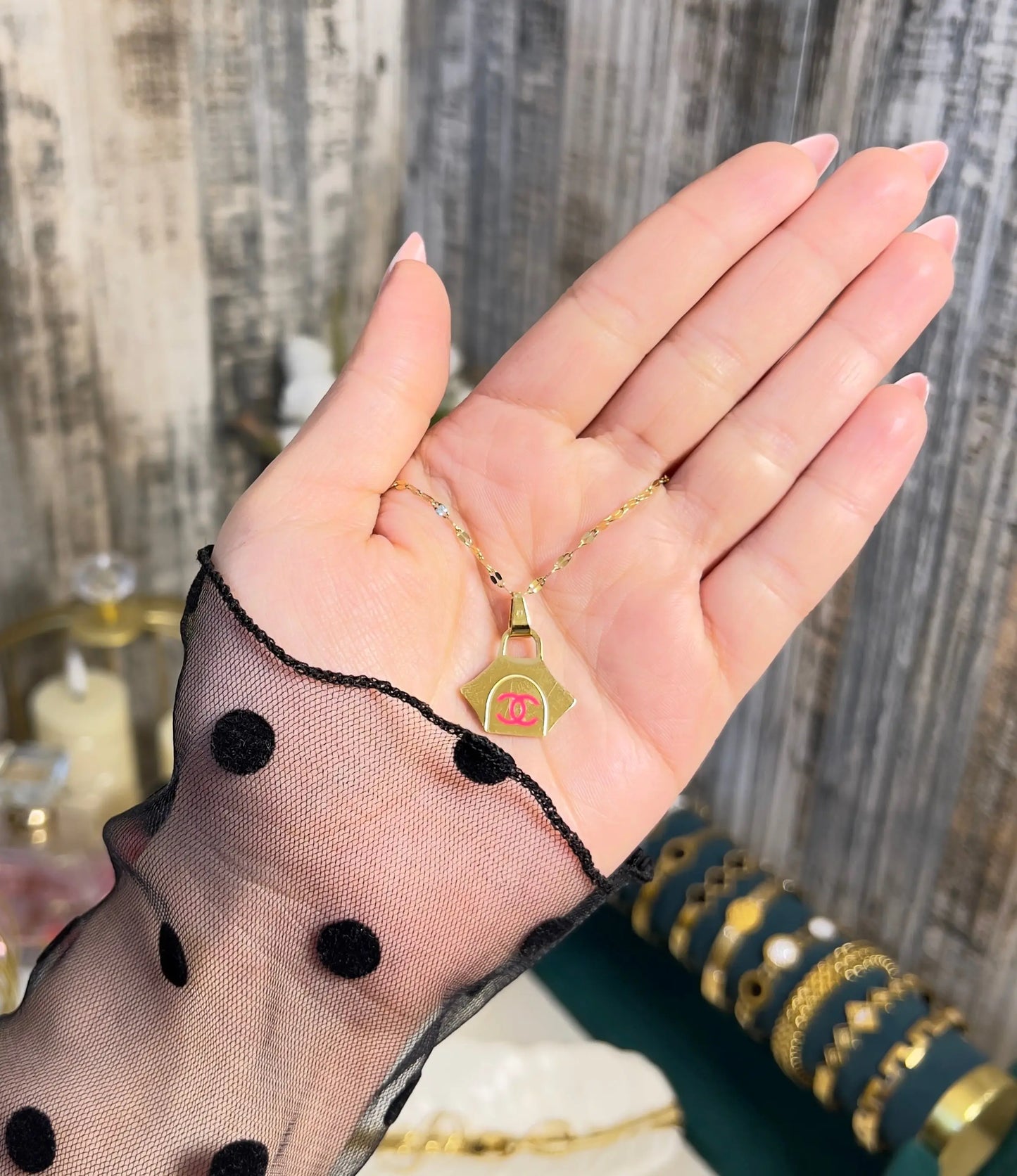 Luxury Handbag Pendant Necklace | Gold Plated Designer-Inspired Tote Charm with Pink Logo | Trendy Fashion Jewelry for Women & Girls - ACERO JEWELS