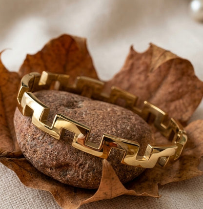 Gold Greek Key Cutout Bangle – Tarnish-Free Stainless Steel Geometric Bracelet