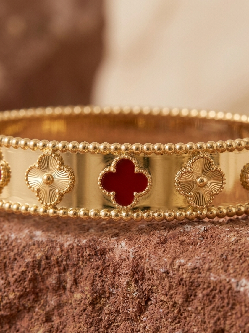 18k Gold Plated Four-Leaf Clover Bangle – Red Enamel & Gold Motif Bracelet