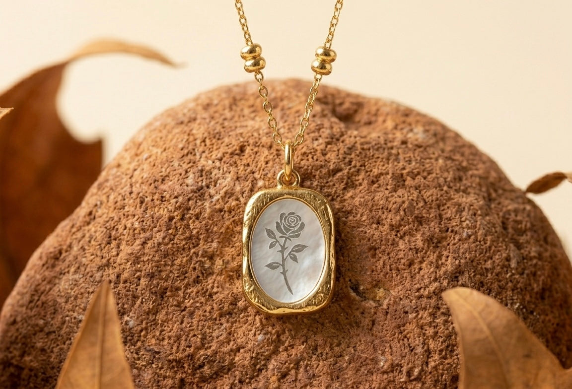 18K Gold Plated Dual Rose Medallion Necklace | Double Oval Pendant with Beaded Satellite Chain