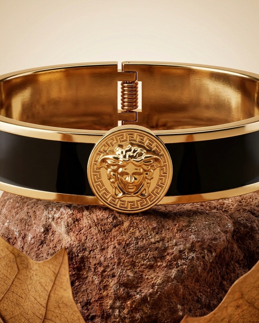 18k Gold Plated Greek Mythology Bangle – Medusa Inspired Black Enamel Bracelet