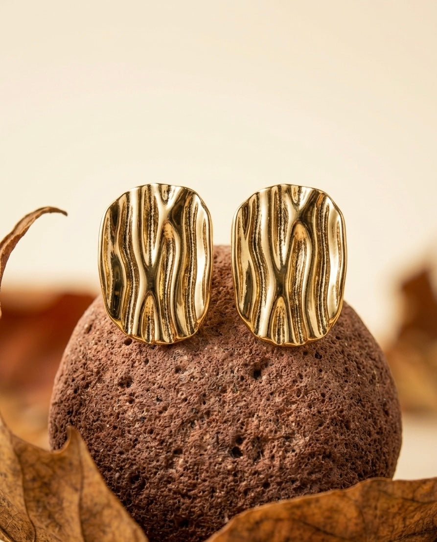 Architectural 18K Gold Plated Rippled Oval Stud Earrings