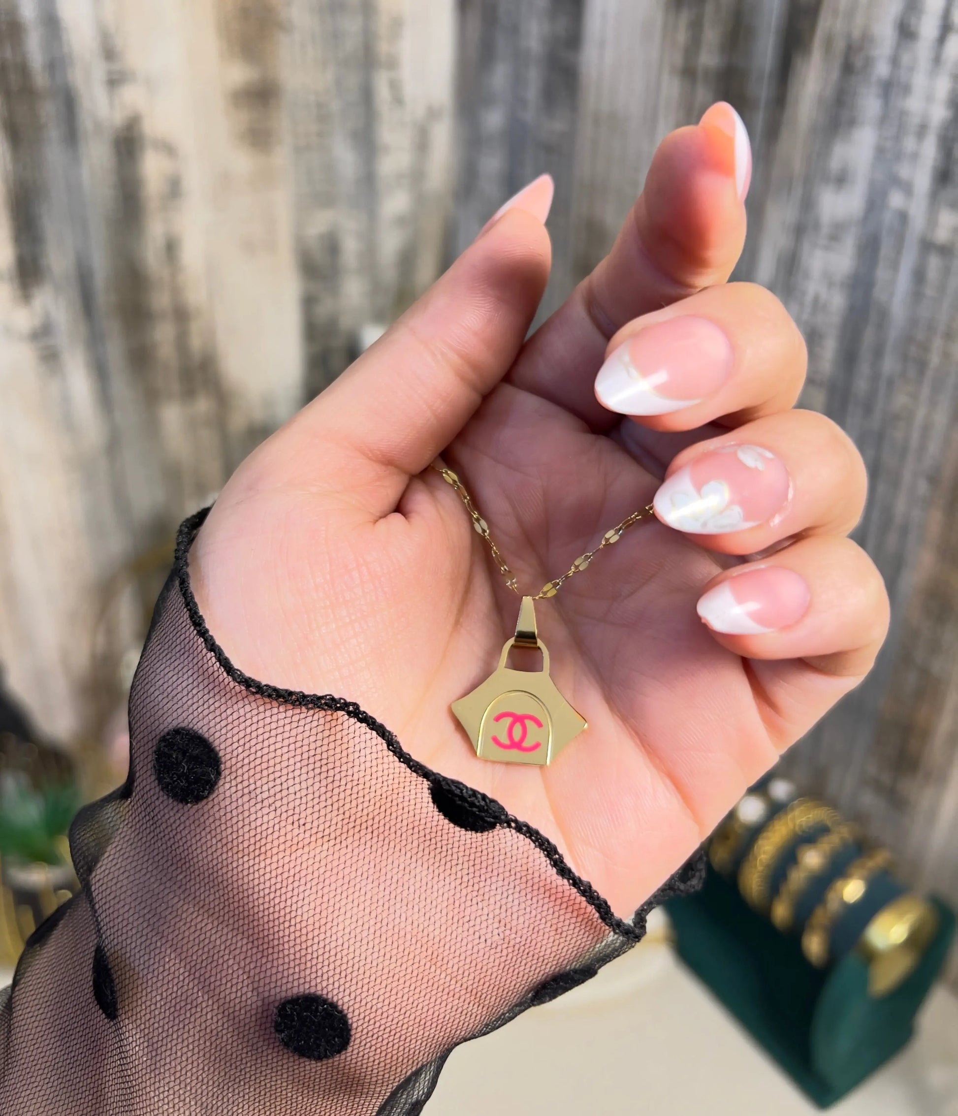 Luxury Handbag Pendant Necklace | Gold Plated Designer-Inspired Tote Charm with Pink Logo | Trendy Fashion Jewelry for Women & Girls - ACERO JEWELS