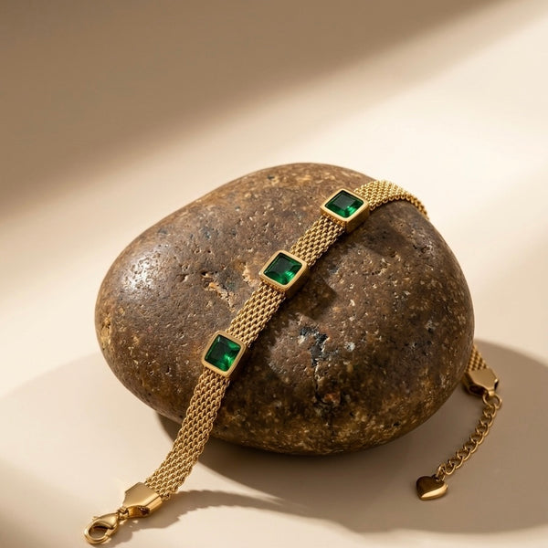 18k Gold Plated Emerald Green Mesh Chain Bracelet