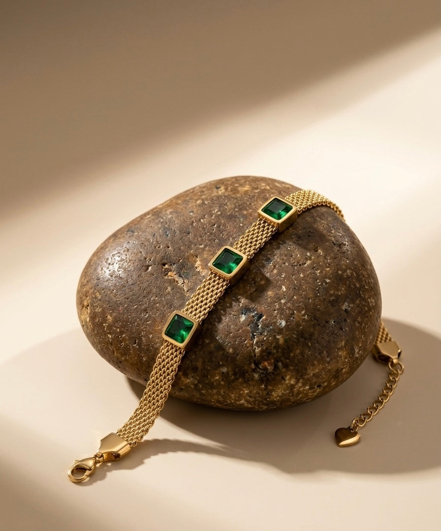 18k Gold Plated Emerald Green Mesh Chain Bracelet